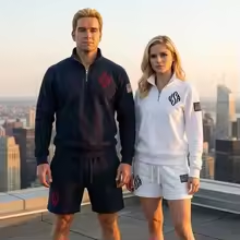 Couple wearing matching half-zip sweatshirts and shorts